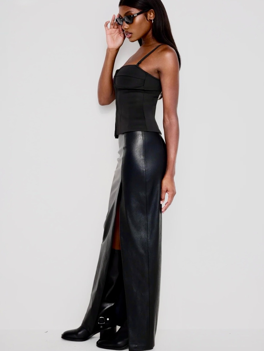 Cache Boho Black Leather Maxi Skirt Front Slit Festival Gothic Grunge Event SZ 6
